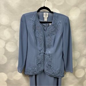 R&M Richards 2 piece Blue Sleeveless Dress Embroidered Embellished Jacket in 10P